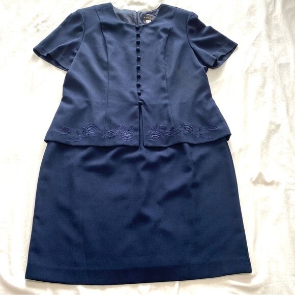 Vintage Navy Embroidery Midi Sheath Dress Deco Buttons Linen Look by VIRGO SZ 16 - Picture 1 of 13